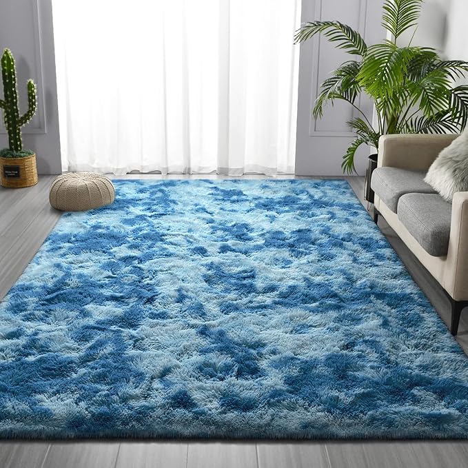 Large Shag Area Rugs 8 x 10, Tie-Dyed Plush Fuzzy Rugs for Living Room, Ultra Soft Fluffy Furry Rug for Bedroom, Indoor Carpet Nursery Rugs for Kids Room Home Decor,Bright Blue