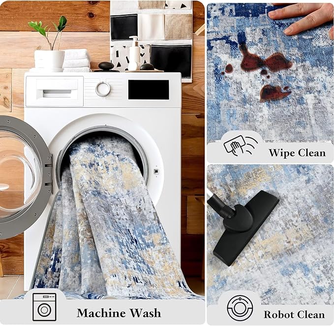 Washable Abstract Rug, 5x7 Modern Area Rugs with Non-Slip Rubber Backed for Living Room, Thin but Soft Contemporary Carpet Kitchen Bedroom Dining Room Decor, Midnight Blue