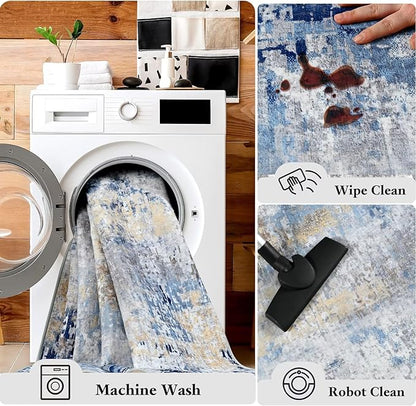 Washable Abstract Rug, 4x6 Modern Area Rugs with Non-Slip Rubber Backed for Living Room, Thin but Soft Contemporary Carpet Kitchen Bedroom Decor, Midnight Blue