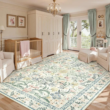 Lahome Boho Washable Girls Bedroom 9x12 Rugs, Beige Cream Floral Large Area Rugs for Bedroom, Soft Non-Slip Thin Carpet for Nursery Kids Playroom Dining Room Home, Beige