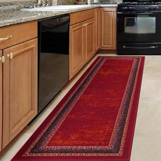 Antep Rugs Alfombras Bordered Modern 2x10 Non-Slip (Non-Skid) Low Pile Rubber Backing Indoor Area Runner Rug (Maroon Red, 2' x 10')