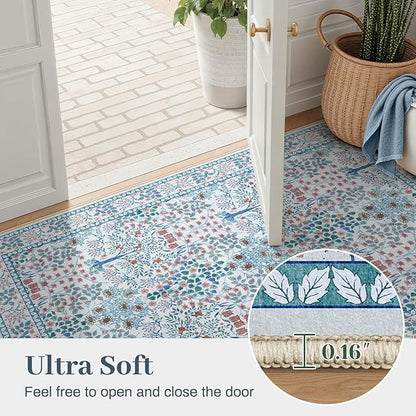 6x9 Area Rugs Living Room Rug - Floral Vintage Morris-Inspired Washable Carpet, Low Pile Non-Shedding Stain Resistance Boho Soft Carpet for Bedroom, Dining Room, Office, Farmhouse (6'x9' Blue/Pink)