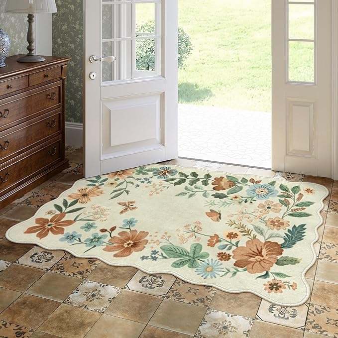 Lahome Floral Machine Washable Rug, 3x5 Rug Non Slip Soft Bedroom Rugs for Entryway Dorm, Ultra-Thin Boho Rugs for Living Room Stain Resistan Throw Carpet for Nursery Entrance, Beige