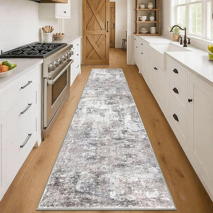 Modern Abstract 3x14 Runner Rug, Beige Grey Neutral Washable Long Kitchen Runner Non-Slip Soft Hallway Rug Runner Thin Print Faux Wool Floor Carpet for Hall Stair Entryway
