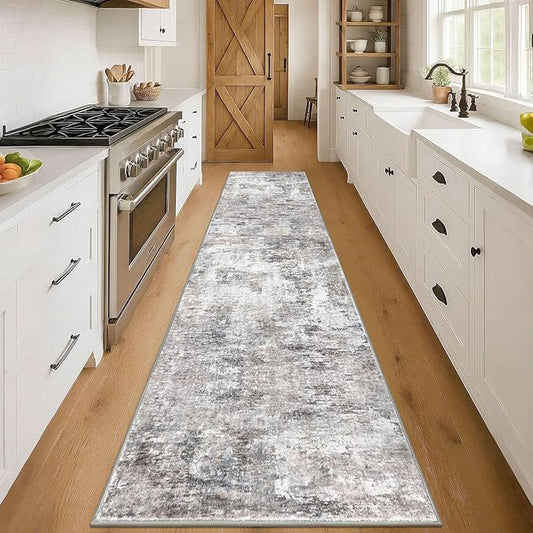 Modern Abstract 3x14 Runner Rug, Beige Grey Neutral Washable Long Kitchen Runner Non-Slip Soft Hallway Rug Runner Thin Print Faux Wool Floor Carpet for Hall Stair Entryway