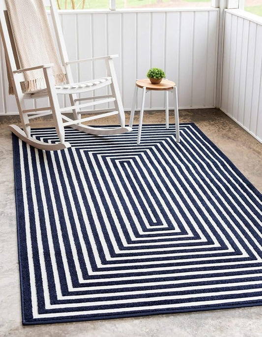 Unique Loom Sabrina Soto Outdoor Collection Geometric, Modern, Vibrant, Carved Area Rug (5' 0 x 8' 0 Rectangular, Navy Blue/ Ivory)