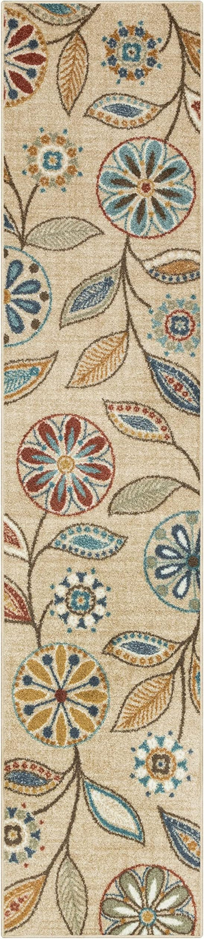 Maples Rugs Reggie Floral Runner Rug - Made in USA - Washable, Non Slip Indoor Carpet for Kitchen, Hallway, and Laundry Room, 2' x 9', Beige