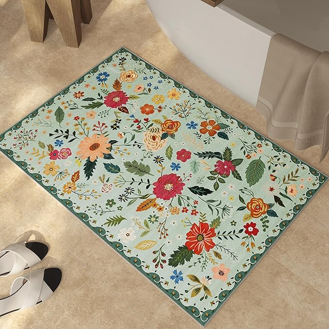 2x3 Washable Rug for Entryway, Floral Green Soft Small Area Rug, Non Slip Doormat Indoor Entrance Carpet, Flower Low Pile Front Door Throw Rug for Bedroom, Kitchen, Laundry, Bathroom, Sage Green