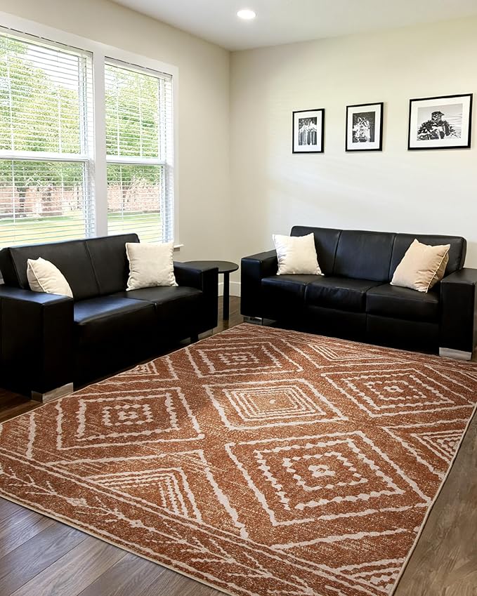 Area Rug 7x9 Rug Machine Washable Non-Slip Low Pile Print Pattern Western Rug for Living Room Bedroom Entryway Tribal Series-Yellowbrown/Cream