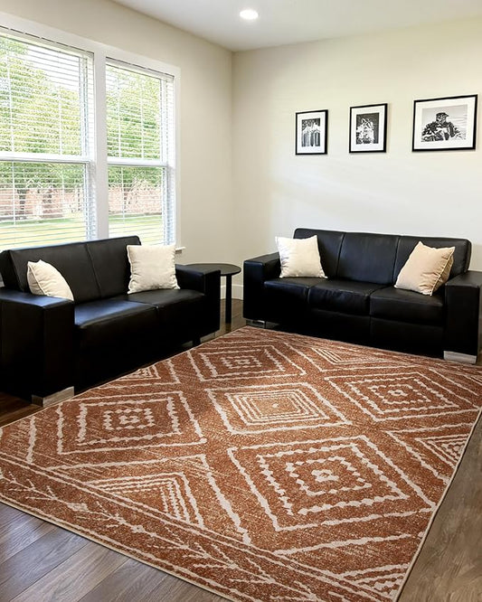 Area Rug 7x9 Rug Machine Washable Non-Slip Low Pile Print Pattern Western Rug for Living Room Bedroom Entryway Tribal Series-Yellowbrown/Cream