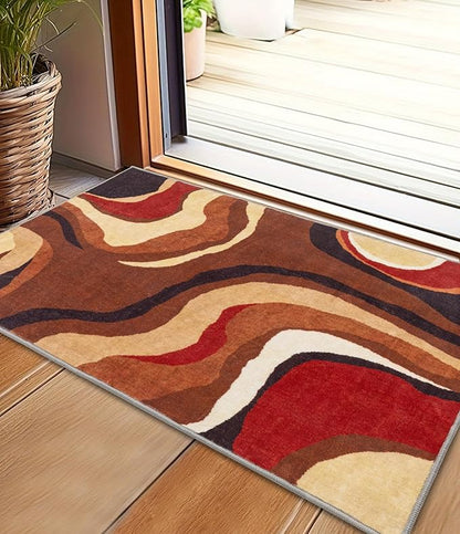 YIHOUSE Burnt Orange Rug 2x3 Washable,Farmhouse Brown Retro Carpets,Geometric Abstract Wavy Rug for Bedroom,Unique Colorful Rugs for Living Room,Dining Room,Bedside Rugs