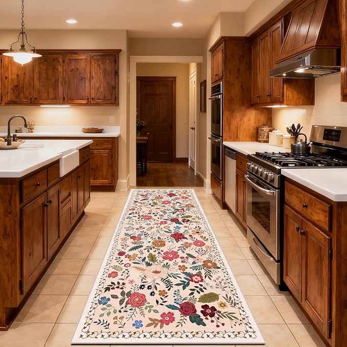 Washable Begie Red 2'6" x 8' Runners for Hallways, Non Slip Long Floor Runner for Kitchen, Entryway Indoor, Stain Resistant Rubber Backing Floral Décor Rug