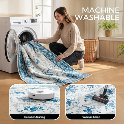 SOULFUL Medium Pile 2x3 Entryway Rug - Soft Underfoot Small Area Rug - Blue Boho Floral - Washable Non-Slip - Perfect for Hallway Kitchen Bedroom Bathroom Indoor Entrance