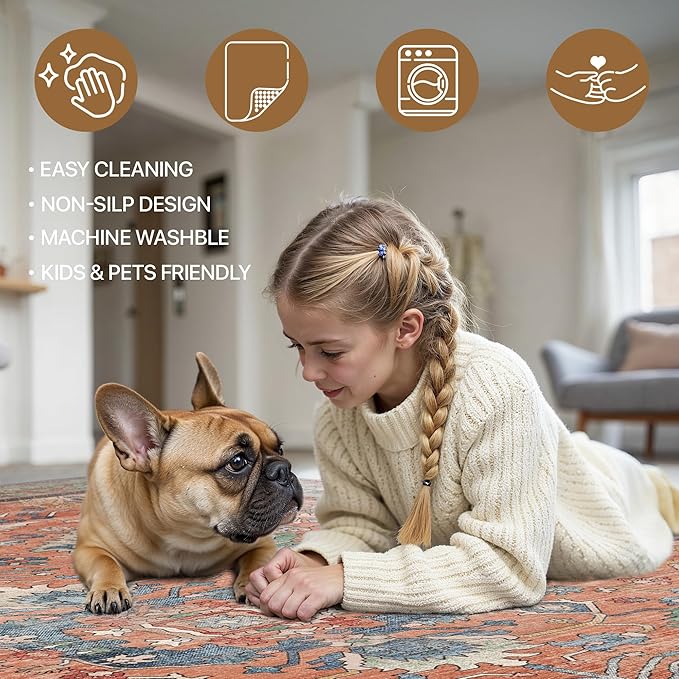 Bavni Runner Rug, Machine Washable Rugs for Bedroom 2x5, Non Slip Boho Rugs with Rubber Backing, Ultra-Thin Folable Rug Runner for Hallways Bathroom, Terracotta/Blue