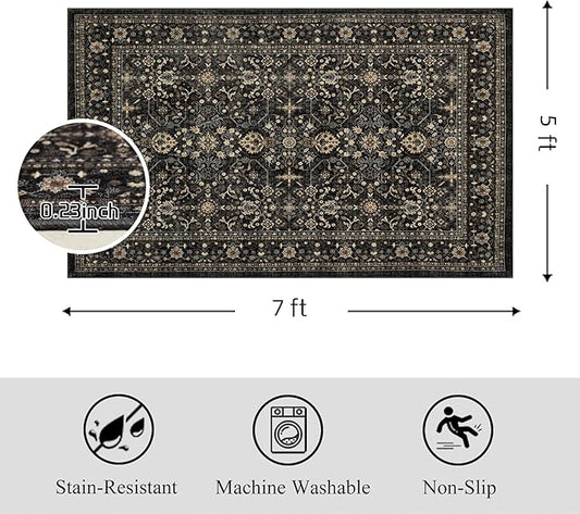 Area Rug Non Slip Machine Washable Ultra Soft Living Room/Bedroom/Kitchen/Outdoor/Classroom Black Grey, 5'×7'