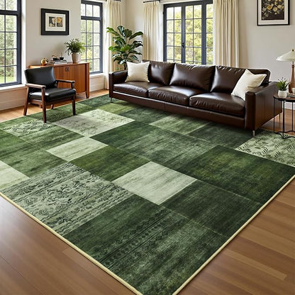 DweIke Washable Area Rugs for Living Room, 6x9 Large Bedroom Rugs, Geometric Print Non Slip Low Pile Indoor Throw Carpets for Bedroom Apartment Dining Room Home Office Hardwood Floor, Green
