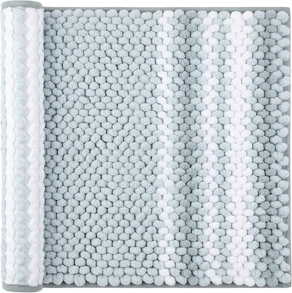 PiccoCasa Chenille Bathroom Rug, Soft Fluffy Absorbent Bath Mat, Medium Pile Striped Carpet Washable Non Slip Bathroom Floor Mats(17"x24",Light Blue & White)