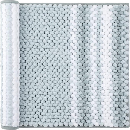 PiccoCasa Chenille Bathroom Rug, Soft Fluffy Absorbent Bath Mat, Medium Pile Striped Carpet Washable Non Slip Bathroom Floor Mats(17"x24",Light Blue & White)