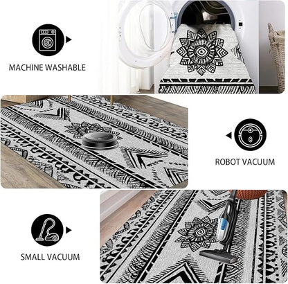 Area Rugs Moroccan for Living Room 6x8, Washable Non-Slip Boho Rug, Neutral Farmhouse Soft Carpet for Bedroom, Kitchen, Dining Room, Entryway, Geometric Print Tribal Carpets, Black and White