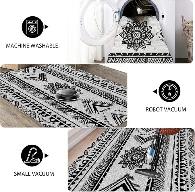 Area Rugs Moroccan for Living Room 3x4, Washable Non-Slip Boho Rug, Neutral Farmhouse Soft Carpet for Bedroom, Kitchen, Dining Room, Entryway, Geometric Print Tribal Carpets, Black and White