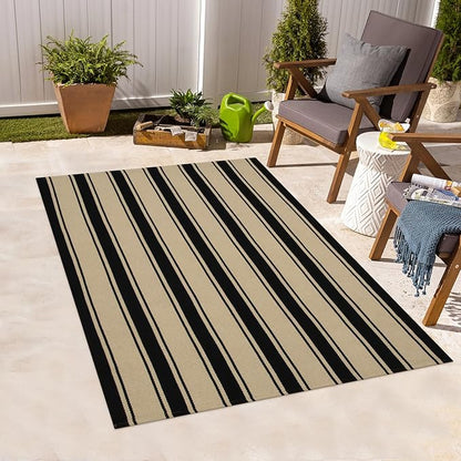 Striped Outdoor Rug 3'x5', Cotton Hand Woven Rug Front Door Mat,Washable Reversible Layered Door Mats, Foldable Front Porch Rug for Entryway/Home Entrance/Farmhouse(Black and Tan)