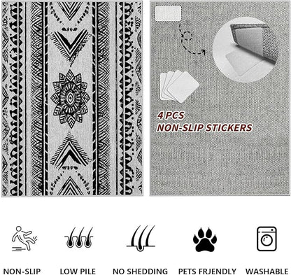 Area Rugs Moroccan for Living Room 4x6, Washable Non-Slip Boho Rug, Neutral Farmhouse Soft Carpet for Bedroom, Kitchen, Dining Room, Entryway, Geometric Print Tribal Carpets, Black and White