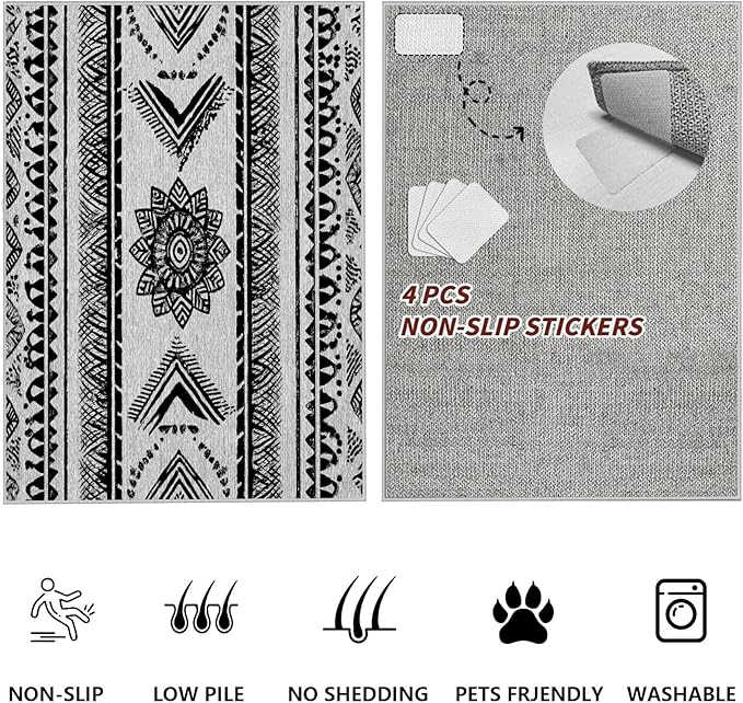 Area Rugs Moroccan for Living Room 3x5, Washable Non-Slip Boho Rug, Neutral Farmhouse Soft Carpet for Bedroom, Kitchen, Dining Room, Entryway, Geometric Print Tribal Carpets, Black and White