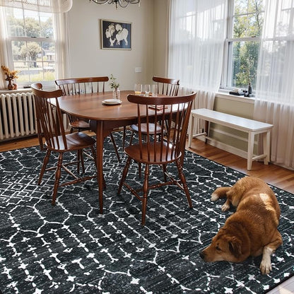 Lahome Moroccan Black Area Rugs 8x10 Living Room Non-Slip Backing Ultra-Thin Large Rug Throw Stain Resistant Dining Room Rugs for Under Table, Geometric Print Modren Soft Rug for Bedroom Office