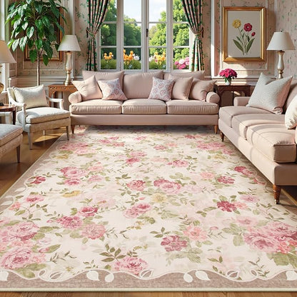 Lahome Floral Washable Rugs 9x12, Large Area Rugs 9x12 Living Room,Soft Non-Slip Thin Vintage Boho Bedroom Carpet for Dining Room Playroom Nursery Farmhouse, Beige/Pink/Multi