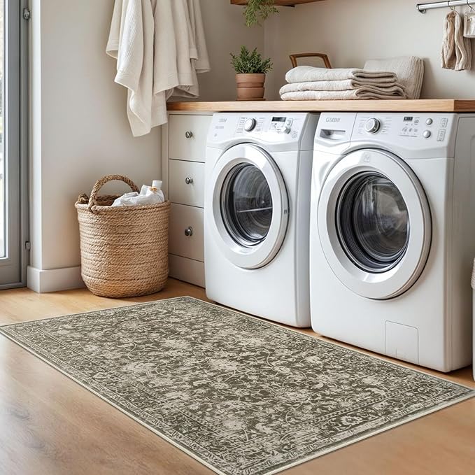 KILOCOCO Area Rug 3x5 Entryway Rug Washable Printed Vintage Floral Rubber Backed Non Slip Indoor Kitchen Rugs for Living Room Laundry Room Playroom Mudroom Moroccan Area Rugs, Taupe/Green