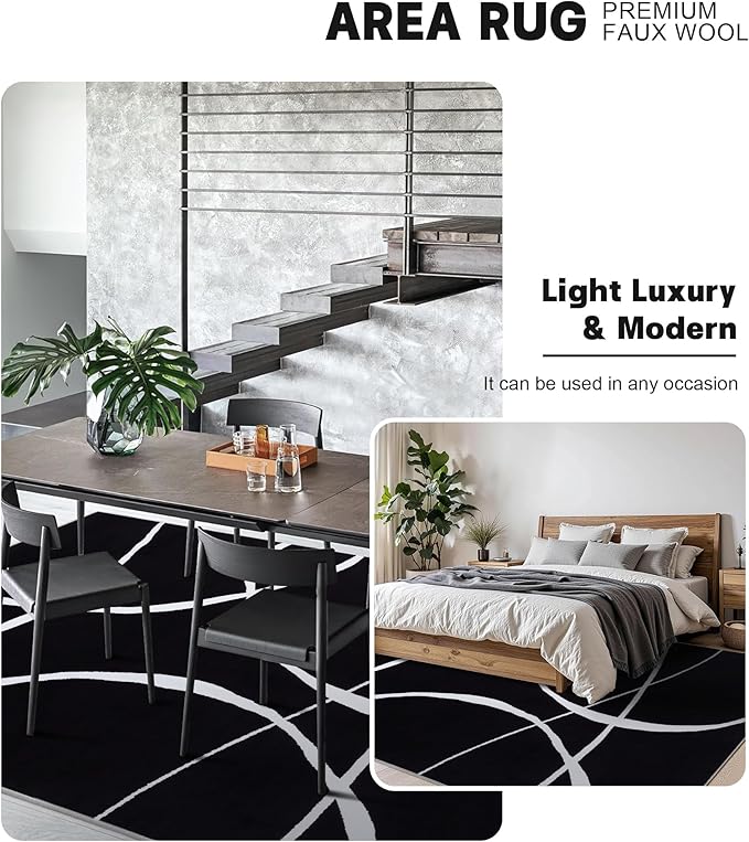 YIHOUSE Modern Washable Area Rug for Living Room Bedroom - Large Abstract Black and White Rug Non-Slip Ultra-Thin Home Decor (Dark Curve, 6'x9'ft)