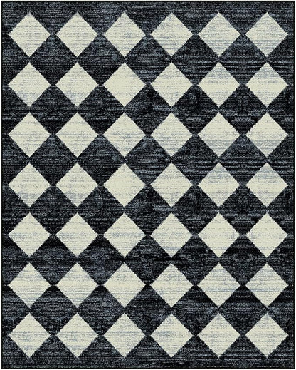 Lahome Checkered Washable 8 x 10 Area Rugs for Living Room, Black Bedroom Rug 8x10 Under Bed, Geometric Trellis Soft Ultra-Thin Indoor Carpet for Dining Room Dorm Kids Playroom (8'x10',Black)