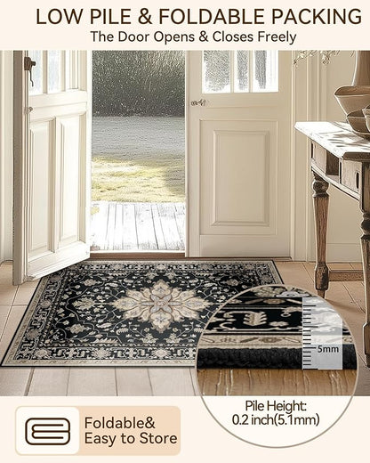 Area Rugs 2'x6' Washable Non-Slip, Floral Vintage Distress Print Pattern Medallion Carpet for Living Room Bedroom Dining Room, Black Brown Neutral Dark Tan