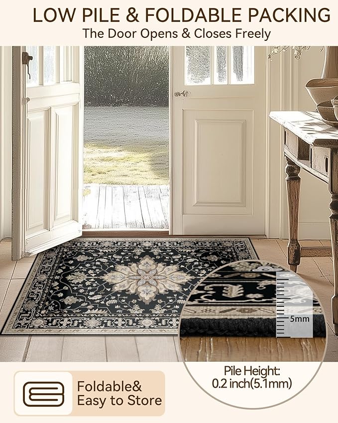 Area Rugs 6'x9' Washable Non-Slip, Floral Vintage Distress Print Pattern Medallion Carpet for Living Room Bedroom Dining Room, Black Brown Neutral Dark Tan