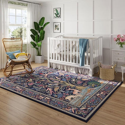 Rugcomf Area Rugs 4x6 Vibrant Tree of Life-Patterned Vintage Washable Rugs Non Slip Low Pile Small Carpet for Bedroom Bedside Kids Room Office Dining Room, Blue