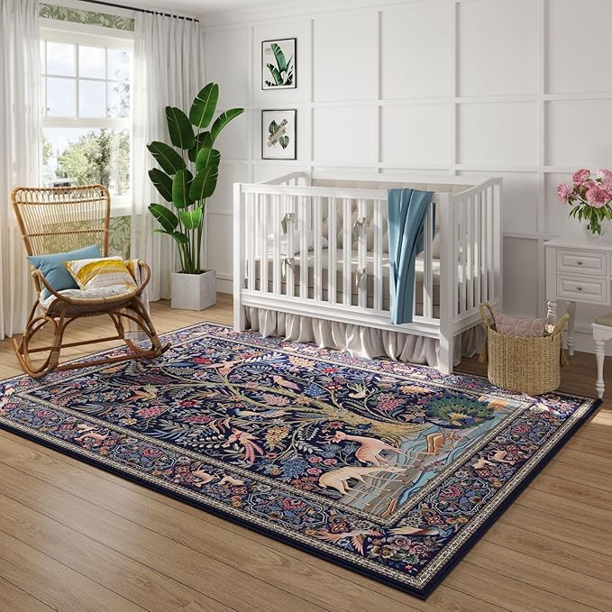 Rugcomf 3x5 Rug Vibrant Tree of Life-Patterned Vintage Non Slip Low Pile Small Carpet for Bedroom Bedside Kitchen Entryway Kids Room Office College Dorm Essentials for Girls, Blue