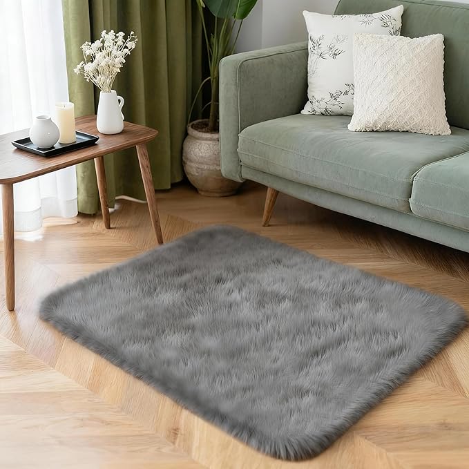 2x3 Solid Fluffy Grey Area Rug – Washable, Durable,Small Bedroom Rug, Non-Slip High Pile Shag Rugs for Living Room, Bedroom, Bedside, Dorms, Nursery Rooms, Kids Room, Soft Indoor Floor Carpet