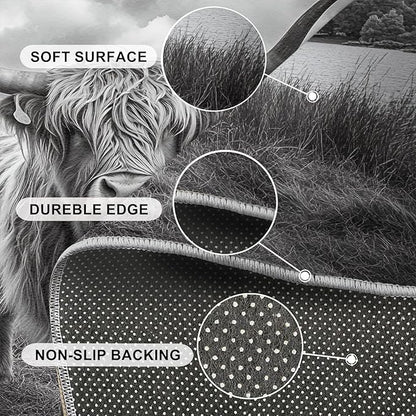 Highland Cattle Rugs for Bedroom - 2x3 Area Rug - Black White Highland Cattle Rugs for Living Room, 3D Natural Landscape Rug, Non-Slip Washable Home Decor Carpet