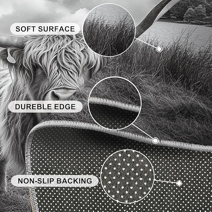 Highland Cattle Rugs for Bedroom - 3x4 Area Rug - Black White Highland Cattle Rugs for Living Room, 3D Natural Landscape Rug, Non-Slip Washable Home Decor Carpet