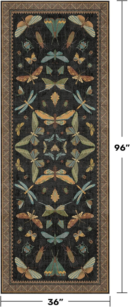 3x8 Green and Black Wide Hallway Runner Rugs - 8ft Washable Kitchen Floor Mats Non Slip, Floral & Insect Pattern Rug for Entryway, Vintage Stain Resistant Indoor Décor