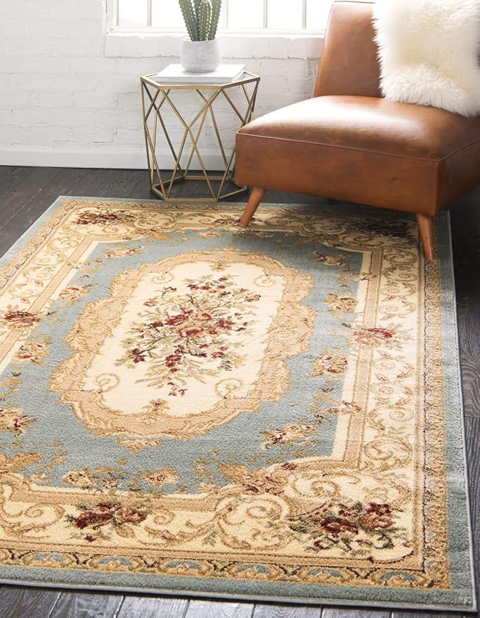 Unique Loom Versailles Collection Traditional Classic Floral Motif Area Rug (8' 0 x 11' 4 Rectangular, Slate Blue/ Ivory)
