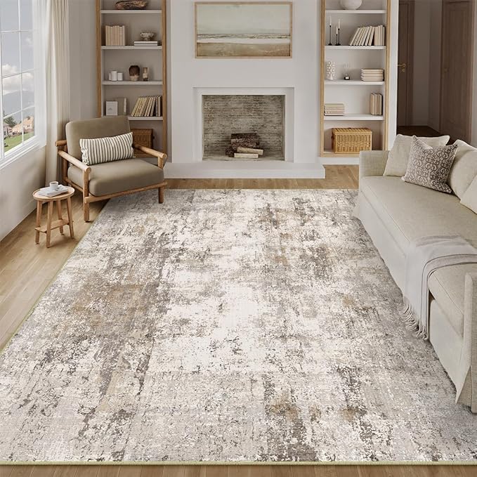 12x15 Area Rug Brown Grey Abstract Living Room Bedroom Washable Carpet Neutral Modern Non Slip Soft Low Pile Indoor Extra Large Throw Rug for Dining Room