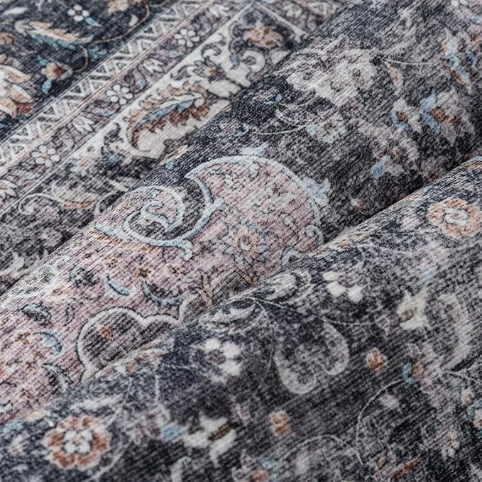 9x12 Vintage Area Rug Black Grey Living Room Bedroom Washable Carpet Non-Slip Soft Low Pile Distressed Indoor Large Throw Rug for Dining Room Office