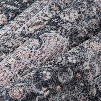9x12 Vintage Area Rug Black Grey Living Room Bedroom Washable Carpet Non-Slip Soft Low Pile Distressed Indoor Large Throw Rug for Dining Room Office