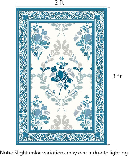 SOULFUL Medium Pile 2x3 Entryway Rug - Soft Underfoot Small Area Rug - Blue Boho Floral - Washable Non-Slip - Perfect for Hallway Kitchen Bedroom Bathroom Indoor Entrance