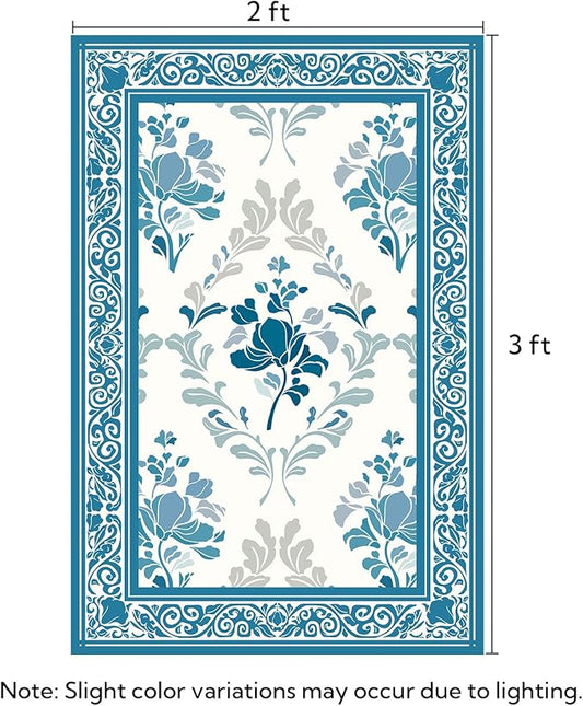 SOULFUL Medium Pile 2x3 Entryway Rug - Soft Underfoot Small Area Rug - Blue Boho Floral - Washable Non-Slip - Perfect for Hallway Kitchen Bedroom Bathroom Indoor Entrance