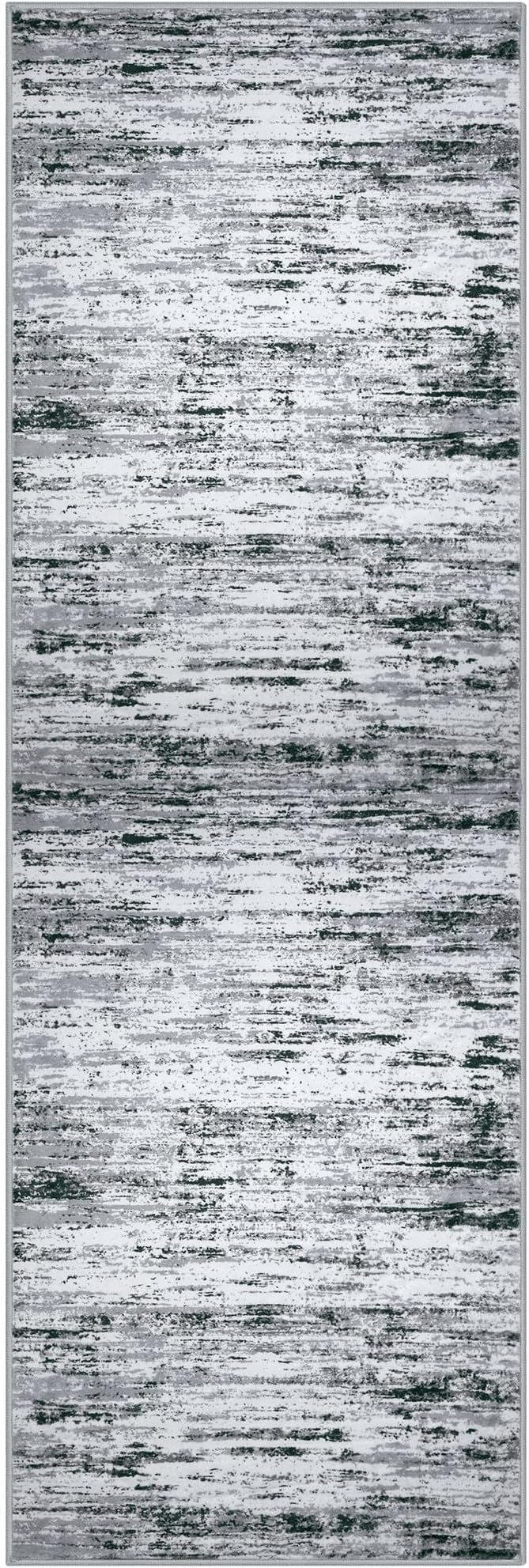 Modern Abstract Runner Rug 2.6x8, Black Grey White Washable Kitchen Runner Non-Slip Soft Hallway Rug Runner Thin Print Faux Wool Carpet for Entryway Bedroom Laundry Room Indoor Home Decor