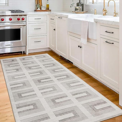 ReaLife Rugs Machine Washable Area Rug Runner - Living Room Bedroom Bathroom Kitchen Entryway Office - Non-Slip Baking Low Pile Stain Resistant Premium - Modern Geometric - Remi - Beige 2'6" x 8'