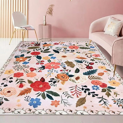 Floral Rug 4x6 Washable Low Pile Living Room Vintage Rug Soft Print Non-Slip Bedroom Carpet for Office Dining Room Home Decor（Pink）