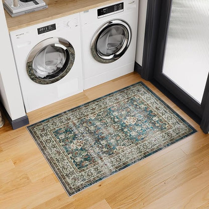 Dripex Vintage Collection Washable Area Rug - 2x3 Door Mat Small Entryway Rug Distressed Non-Slip Low-Pile Floor Carpet for Indoor Front Entrance Kitchen Bathroom Living Room Bedroom